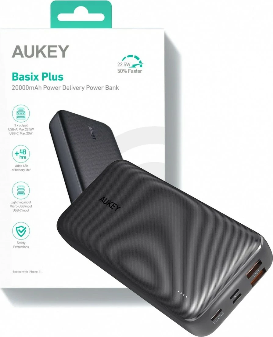 Power bank 20.000 mAh, 5x USB, Quick Charge 3.0, Power Delivery 3.0, 22,5 W, LED, črn - AUKEY PB-N74S Basix Plus