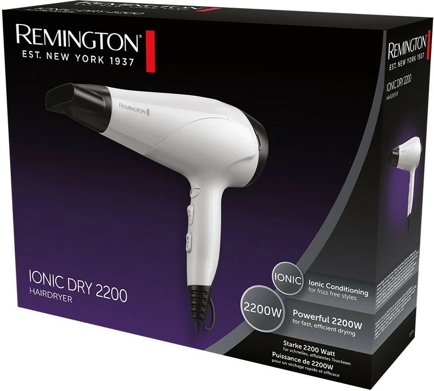 Sušilec za lase, Remington D3194, 2200 W, ionizacija, bel, z nastavkom za koncentracijo in difuzorjem