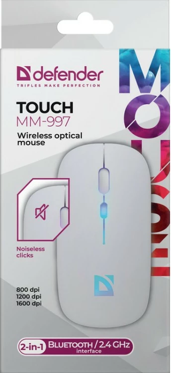 Brezžična miška RGB, 800/1200/1600 DPI, Defender TOUCH MM-997, bela