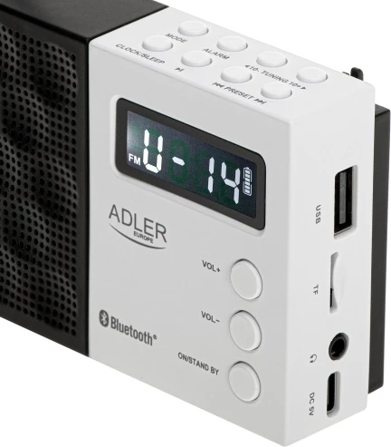 Digitalni radio PLL AM/FM, Adler AD 1908, Bluetooth 5.0, USB/SD, 20 postaj, zaslon LCD, 1,2 W, baterija 800 mAh, bela in črna