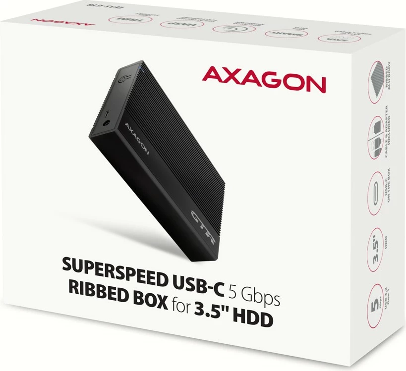 Zunanje računalniško ohišje za trdi disk 3,5", USB 3.2 Gen 1, SATA, kovinsko, črno AXAGON EE35-GTR Zunanje računalniško ohišje za trdi disk 3,5", USB 3.2 Gen 1, SATA, kovinsko, črno AXAGON EE35-GTR
