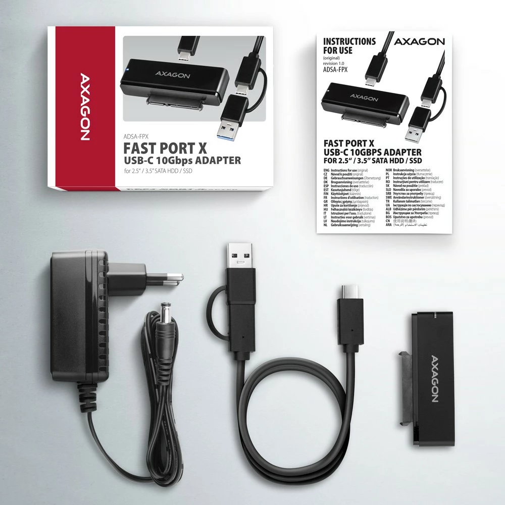 Adapter USB-C na SATA, 10Gbps, za SSD/HDD 2,5"/3,5", z napajanjem, 60 cm kabel, črno AXAGON ADSA-FPX Adapter USB-C na SATA, 10Gbps, za SSD/HDD 2,5"/3,5", z napajanjem, 60 cm kabel, črno AXAGON ADSA-FPX