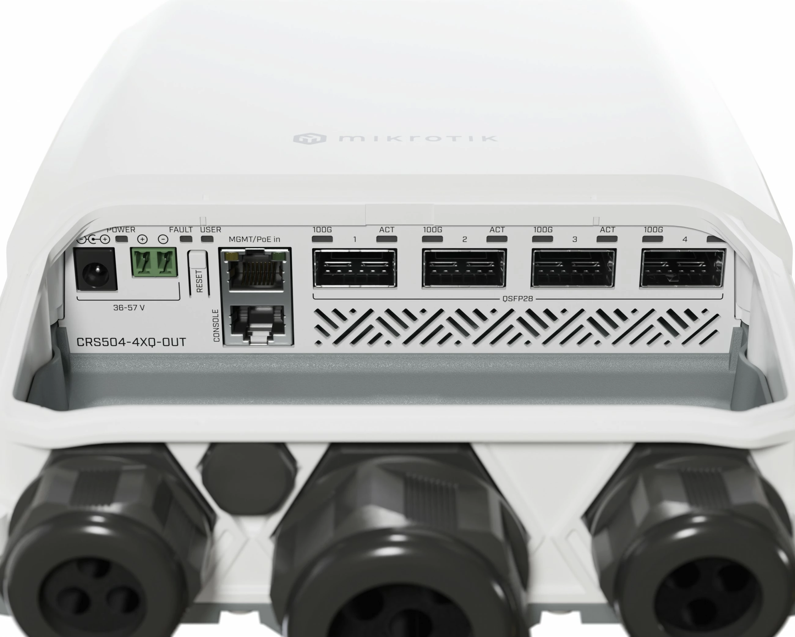 Zunanji switch MikroTik CRS504-4XQ-OUT, upravljan, L3, Fast Ethernet, bel Zunanji switch MikroTik CRS504-4XQ-OUT, upravljan, L3, Fast Ethernet, bel