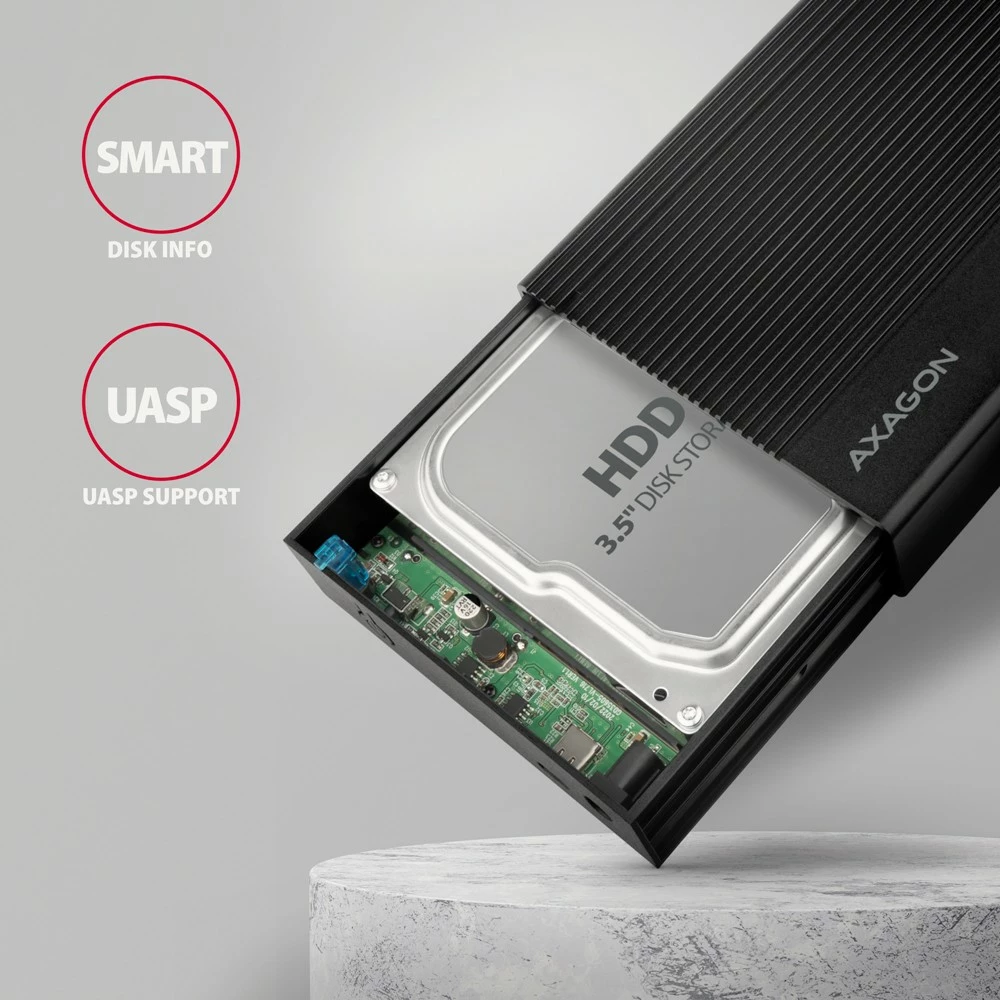 Zunanje računalniško ohišje za trdi disk 3,5", USB 3.2 Gen 1, SATA, kovinsko, črno AXAGON EE35-GTR Zunanje računalniško ohišje za trdi disk 3,5", USB 3.2 Gen 1, SATA, kovinsko, črno AXAGON EE35-GTR