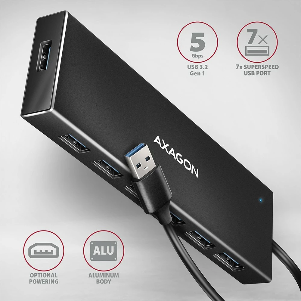 USB razdelilec z 7 vrati AXAGON HUE-F7A, USB 3.2 Gen 1, aluminij, 1 m kabel, črn USB razdelilec z 7 vrati AXAGON HUE-F7A, USB 3.2 Gen 1, aluminij, 1 m kabel, črn