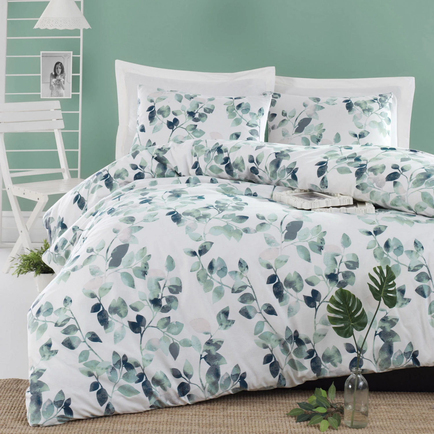 Set prevleke za odejo, rjuhe, 2 prevlek za blazine FH12076 bela zelena 240x260 cm