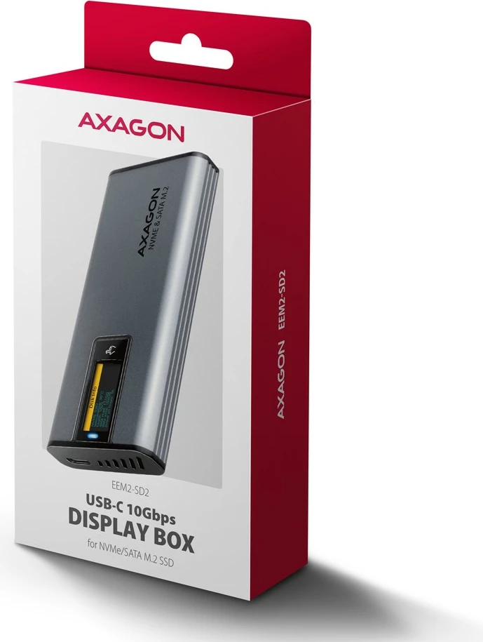 Zunanje računalniško ohišje za SSD AXAGON EEM2-SD2, M.2 NVMe/SATA, USB-A/C 3.2 Gen2, LCD zaslon, sivo Zunanje računalniško ohišje za SSD AXAGON EEM2-SD2, M.2 NVMe/SATA, USB-A/C 3.2 Gen2, LCD zaslon, sivo