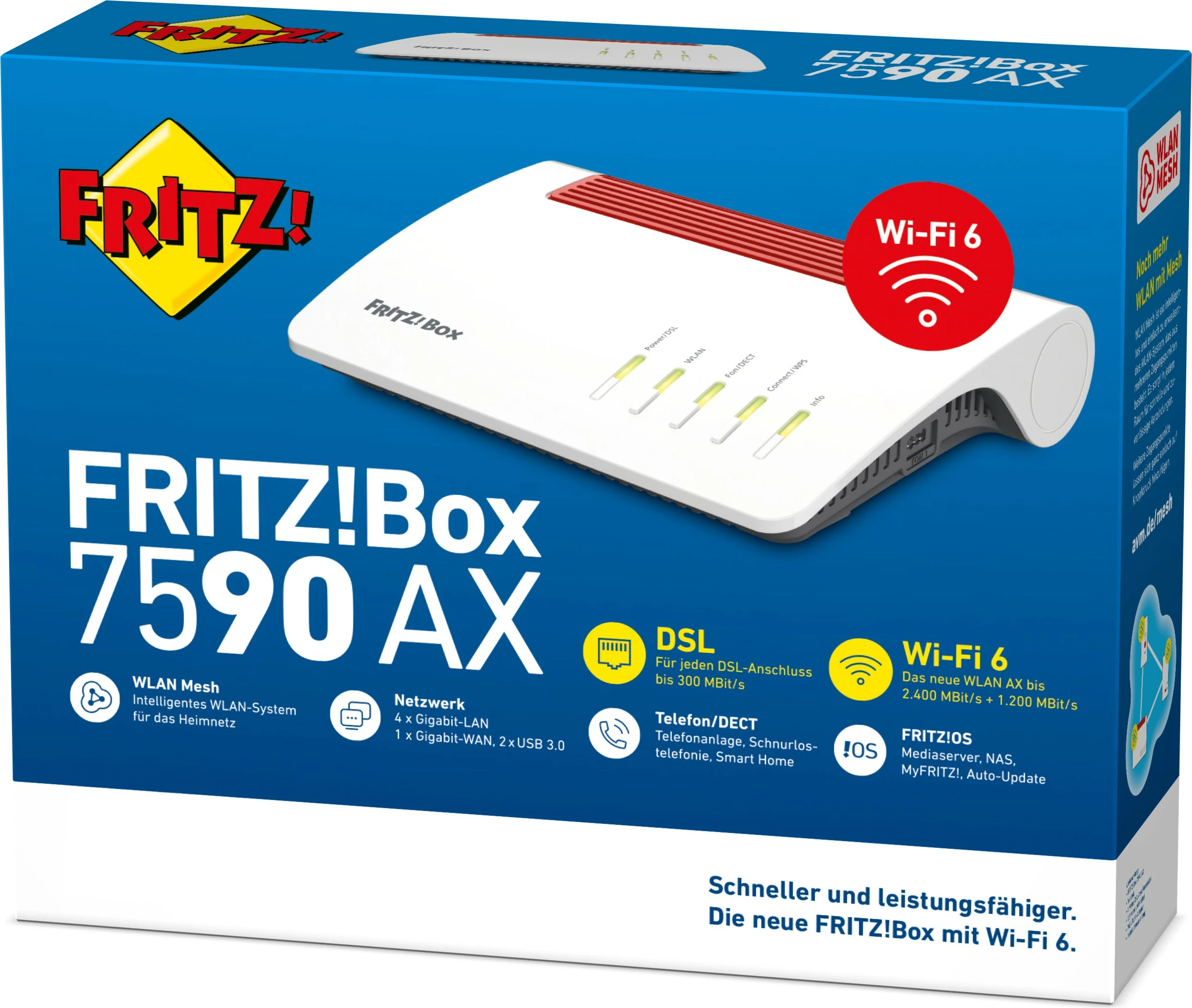 Router AVM FRITZ!Box 7590 AX, Wi‑Fi 6 (802.11ax), dvosistemski (2,4 GHz / 5 GHz), bel
