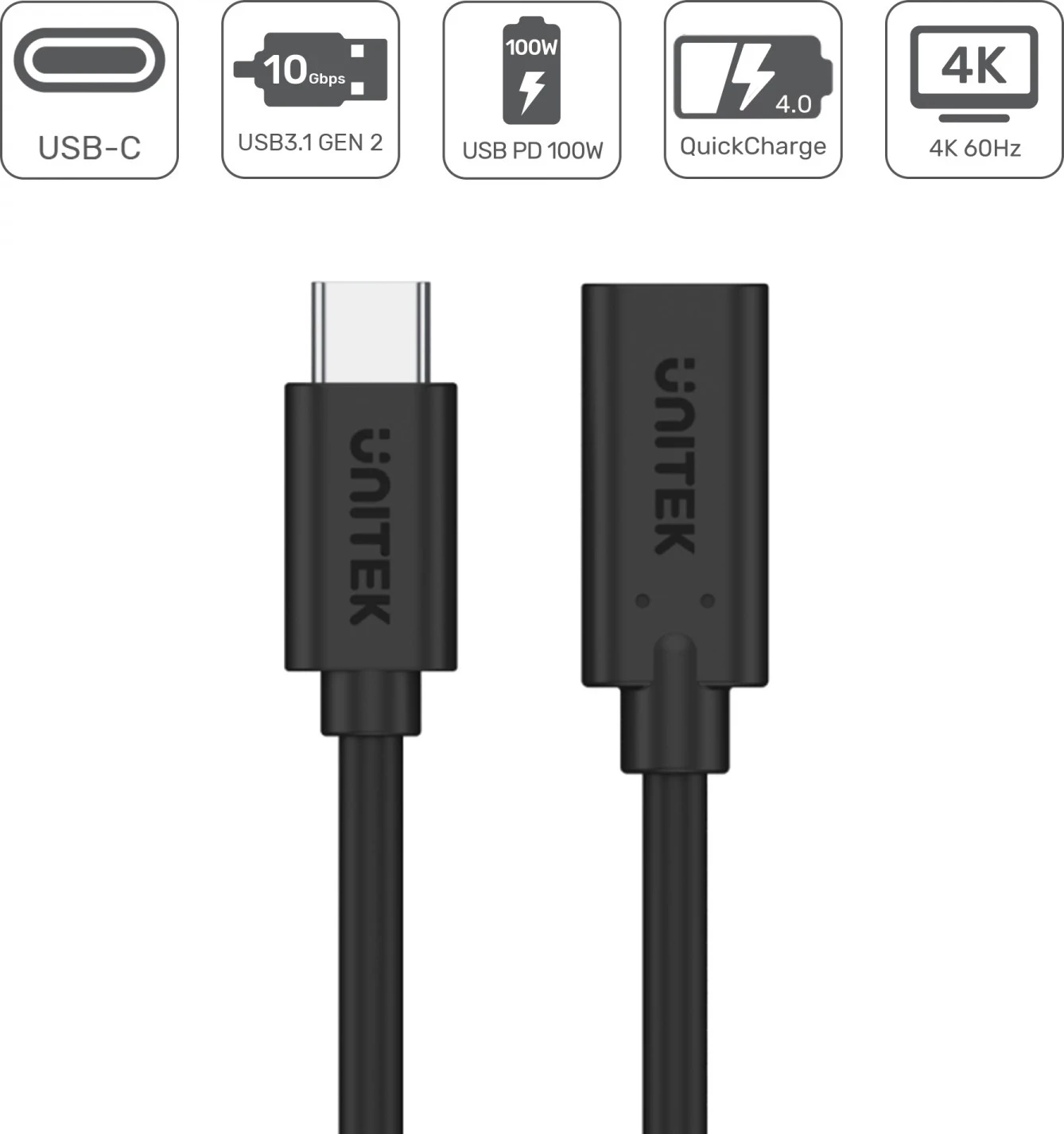 Podaljšek USB-C 10Gbps, 4K, PD 100W, 1,5 m, Unitek, črn