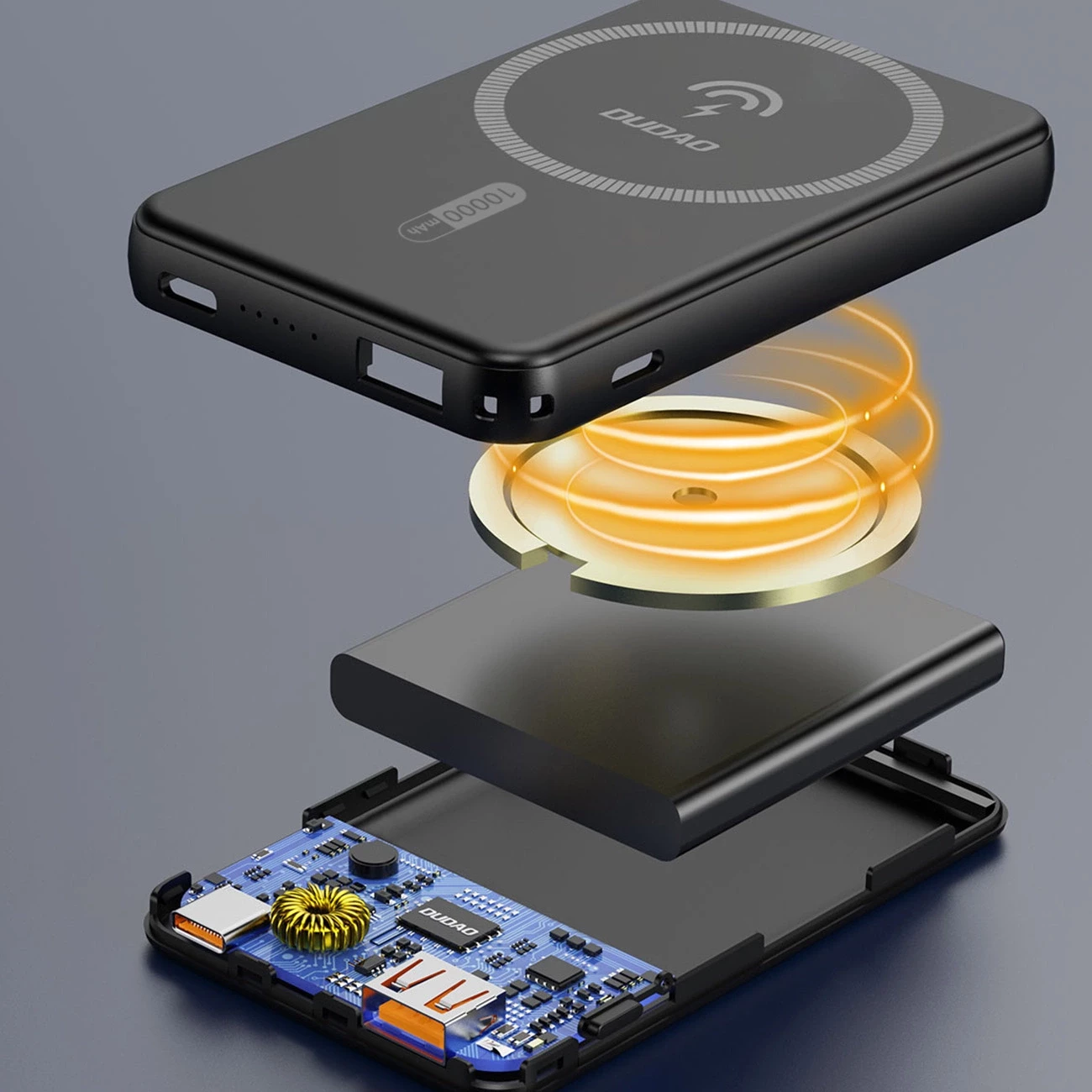 Prenosna polnilna baterija 10000mAh, 20W, USB-A/USB-C/MagSafe, z držalom — Dudao K14S+, črna