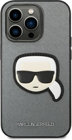 Ovitek za iPhone 14 Pro 6,1" Saffiano Karl's Head Patch, Karl Lagerfeld KLHCP14LSAPKHG, srebrn