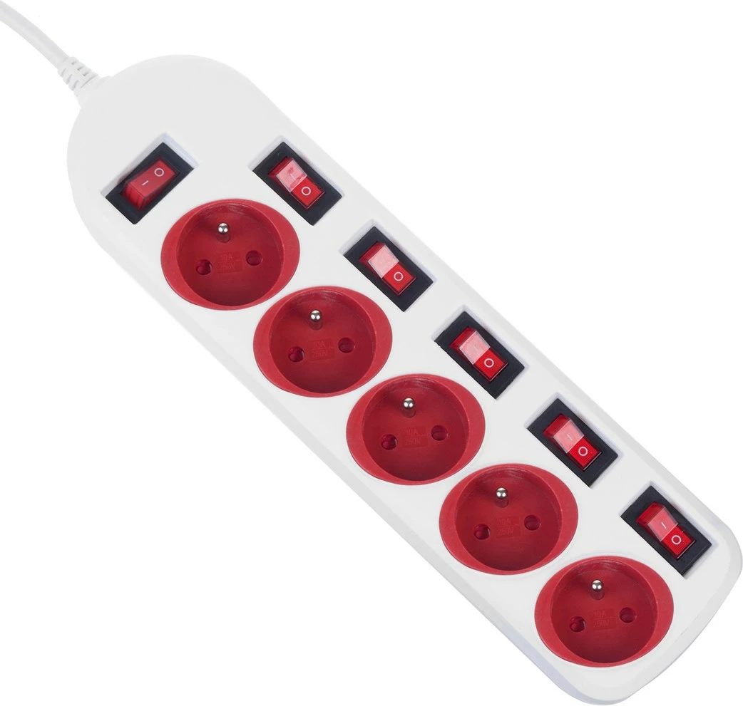 Razdelilec električne energije, 5 vtičnic, z vklopno stikalo, 250VAC/10A, 1,5 m, bel — Maclean MCE204