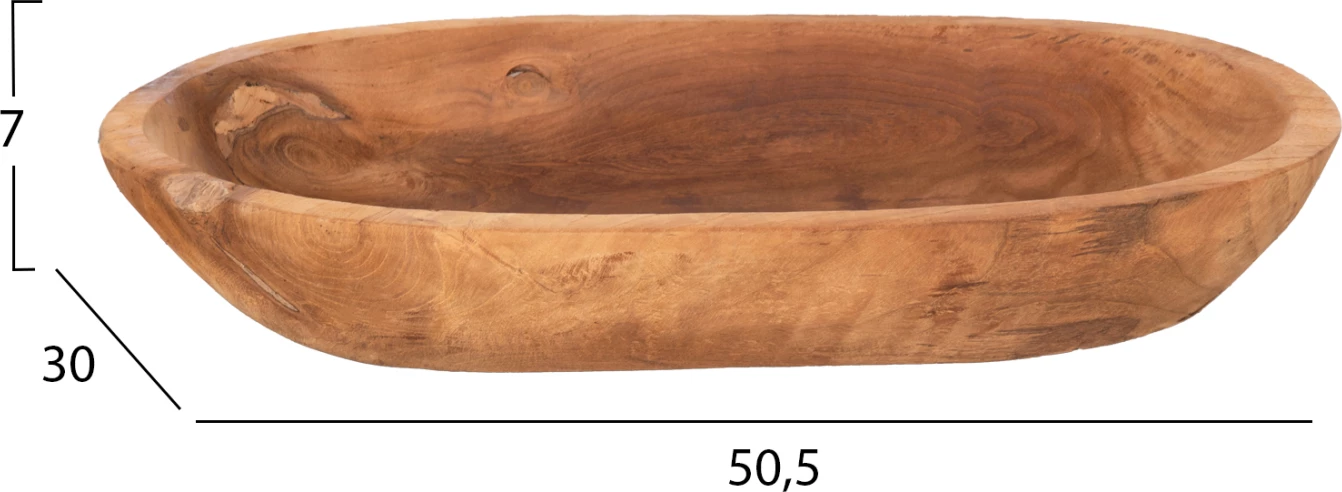 Ovalna skleda iz recikliranega tika v naravni barvi 55x30x7H cm