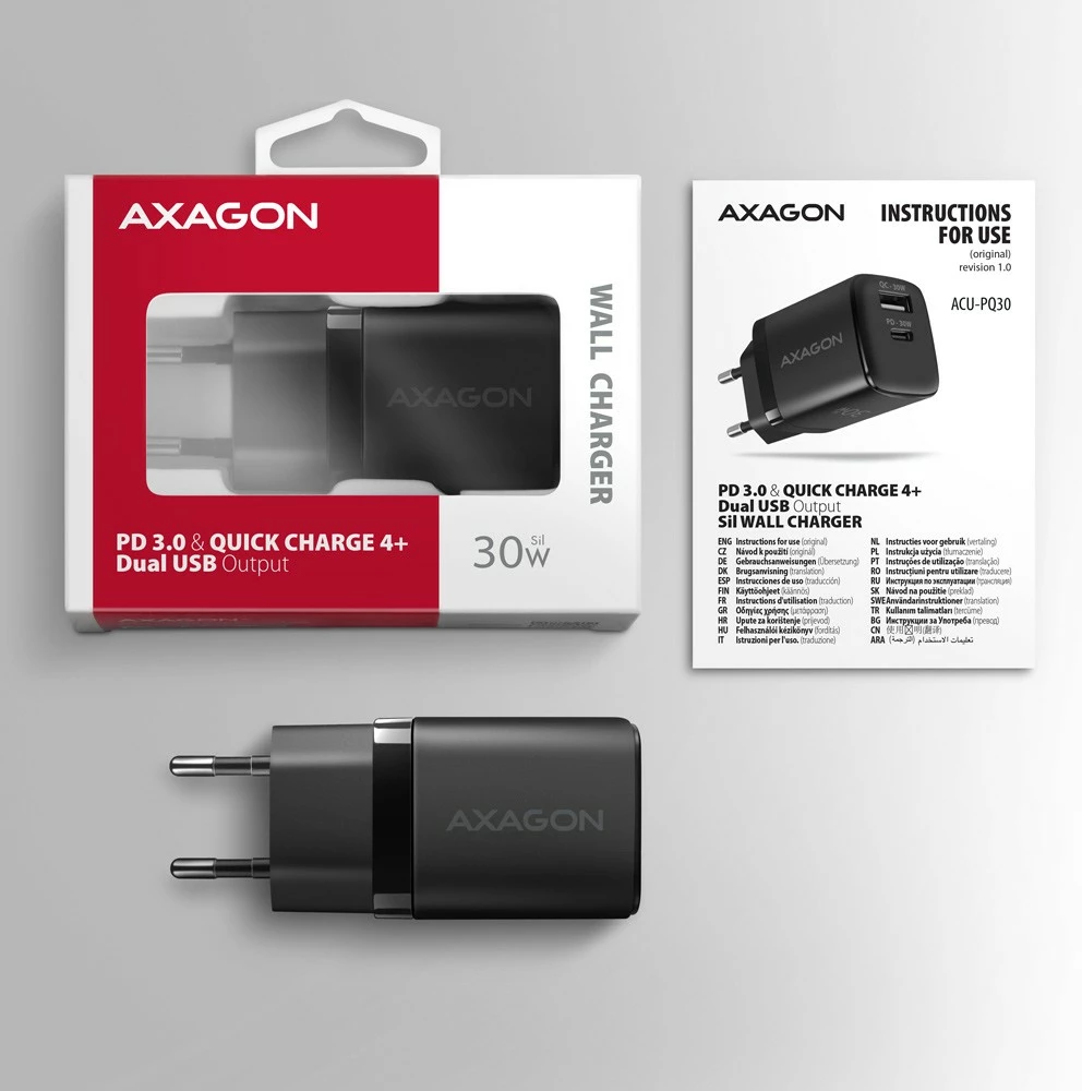 Hitri polnilec AXAGON ACU-PQ30, 30 W, 2 vrata (USB-A QC3.0/4.0 + USB-C PD3.0), črn