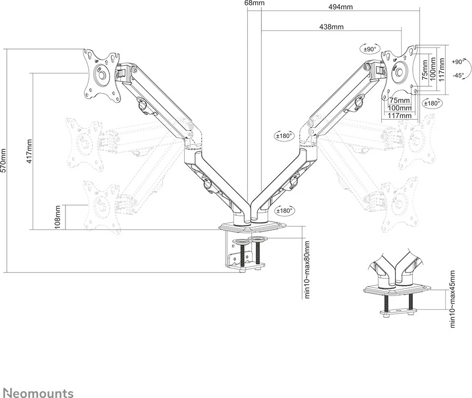 Nosilec za dva monitorja Neomounts FPMA-D650DBLACK, 17–27 palcev, nastavljiva višina z gas spring, črn Nosilec za dva monitorja Neomounts FPMA-D650DBLACK, 17–27 palcev, nastavljiva višina z gas spring, črn