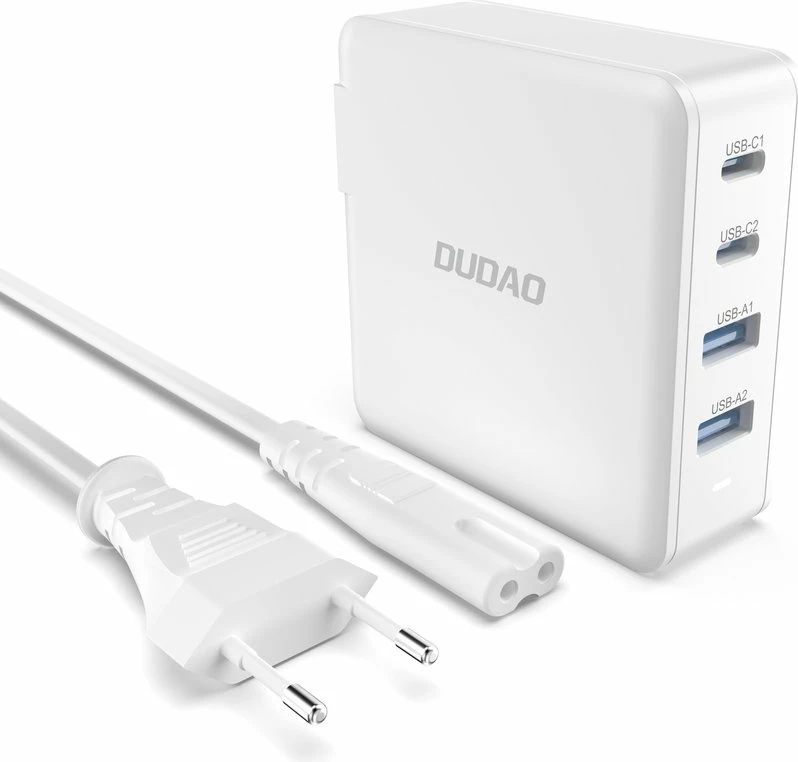 Stenski polnilec GaN 100 W, 2x USB-C, 2x USB-A, Dudao A100EU, bel