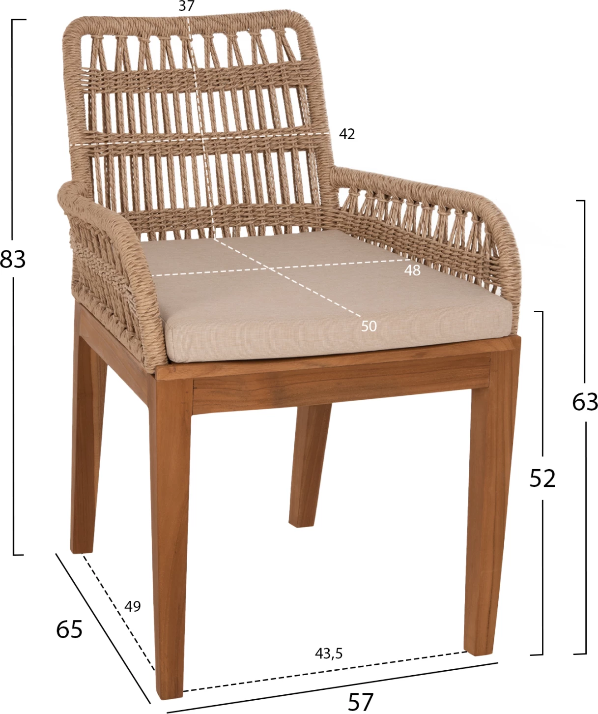 Stol STARDOM iz tikovine in vrvi v naravni barvi 57x65x83H cm