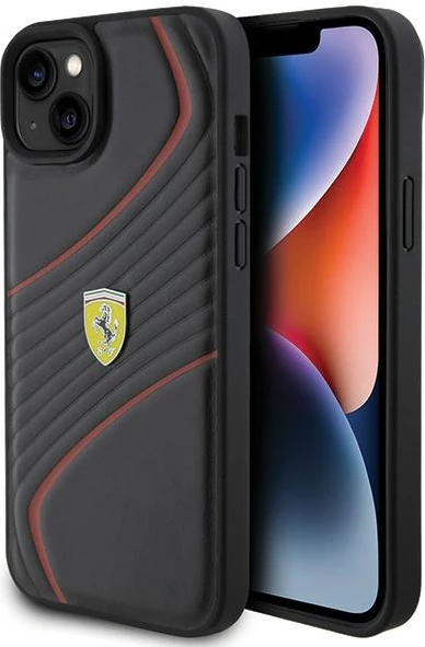Ohišje s športnim videzom Ferrari Twist z metalnim logotipom za iPhone 15 Plus, črno