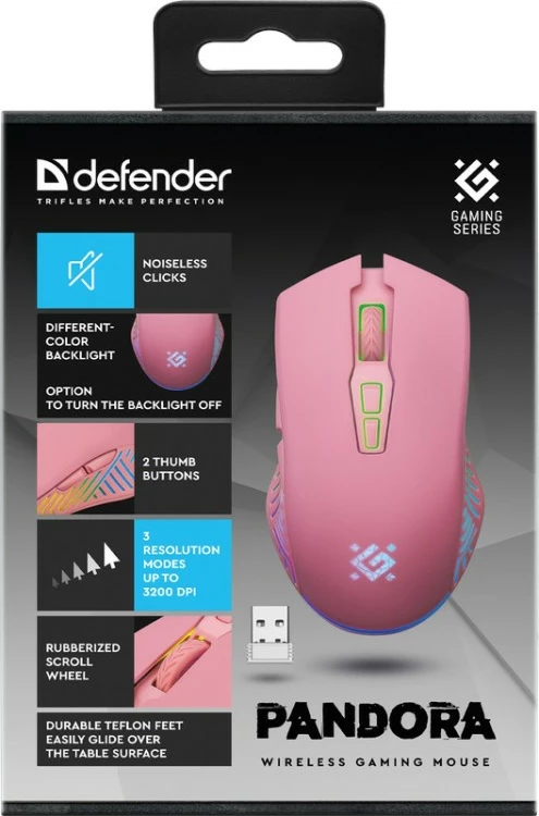 Brezžična miška Defender PANDORA RF, 3200 DPI, 7 gumbov, RGB, rožnata