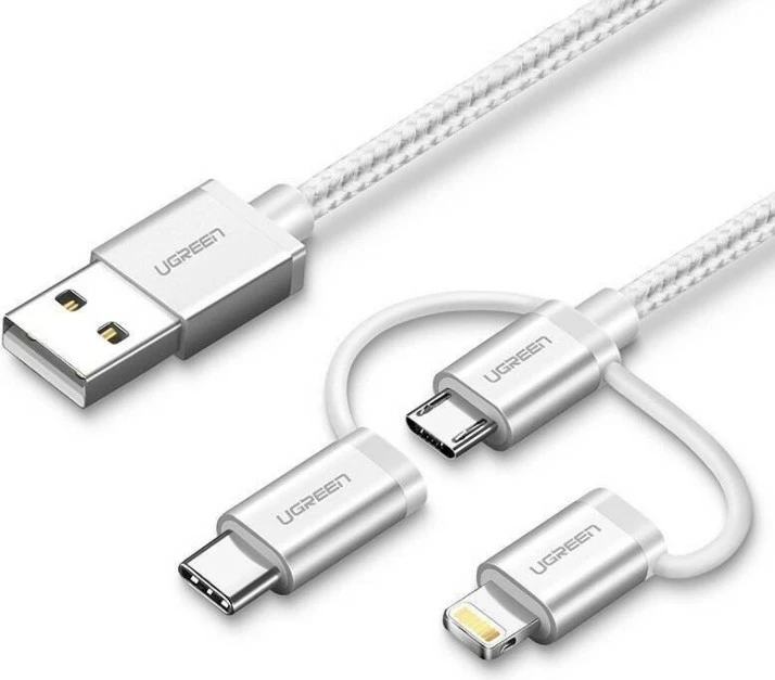 Večfunkcijski kabel 1,5 m USB A na USB C/micro-USB B/Lightning, Ugreen 50203, bel