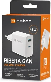 Polnilec GaN 45W z USB-A in USB-C, Natec Ribera, bel