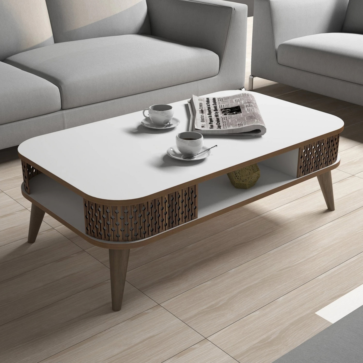 Sestava dnevne sobe FH11848.03 2 kosa v beli in orehovi barvi