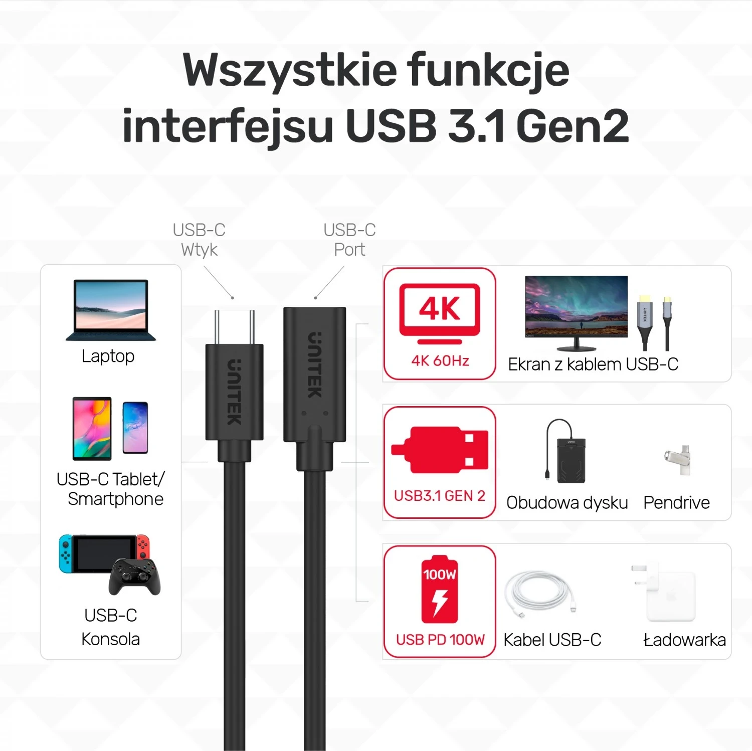 Podaljšek USB-C 10Gbps, 4K, PD 100W, 1,5 m, Unitek, črn