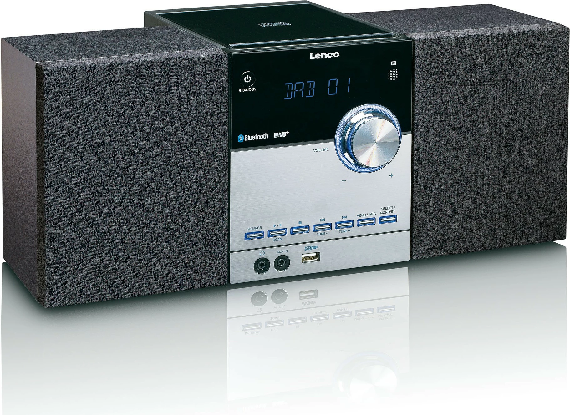 Sistemski zvočnik Lenco MC-150, Bluetooth, FM radio, USB, črno/srebrn Sistemski zvočnik Lenco MC-150, Bluetooth, FM radio, USB, črno/srebrn
