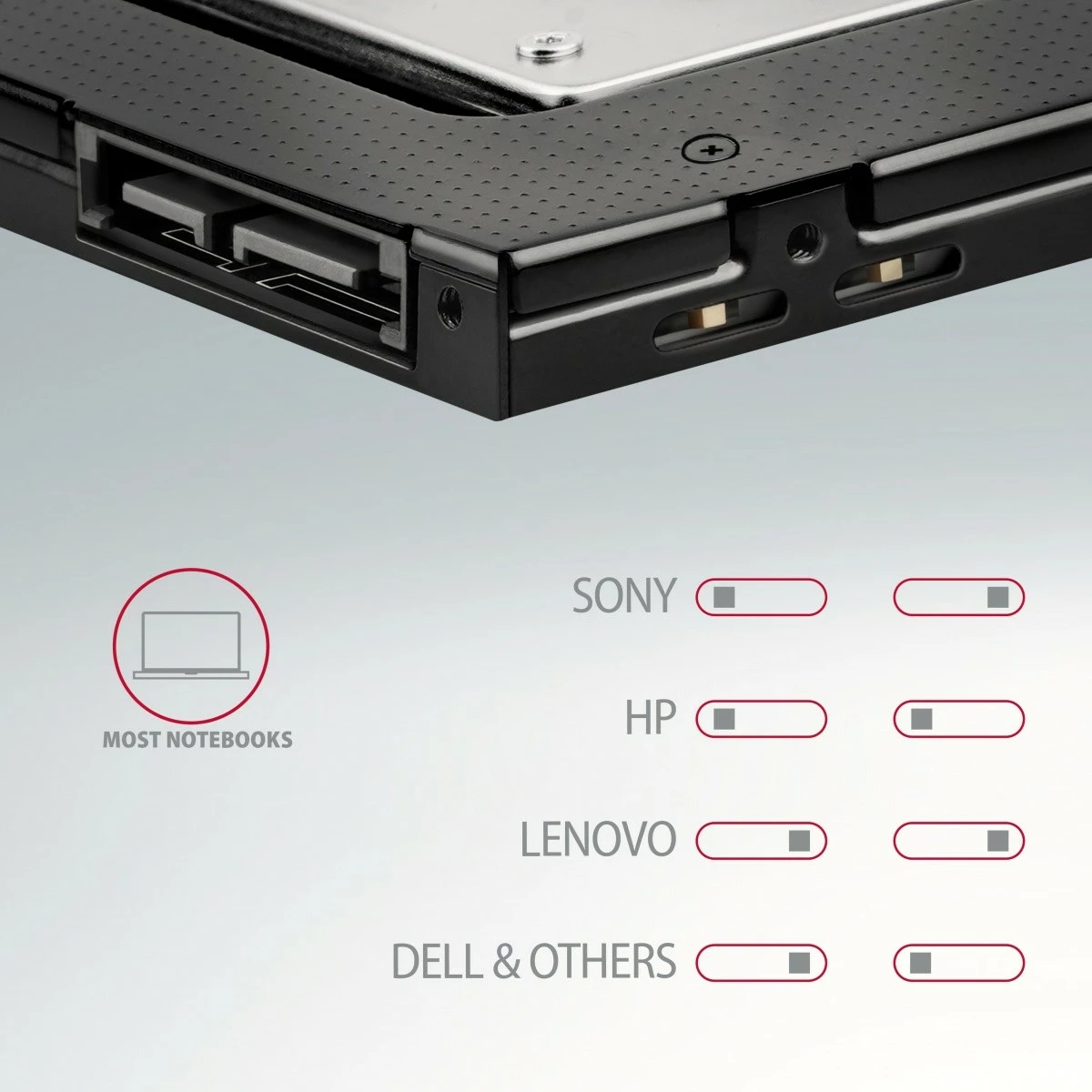 Računalniško ohišje za SSD/HDD 2,5" za ležišče DVD 9,5 mm, alumin, črno — AXAGON RSS-CD09 Računalniško ohišje za SSD/HDD 2,5" za ležišče DVD 9,5 mm, alumin, črno — AXAGON RSS-CD09