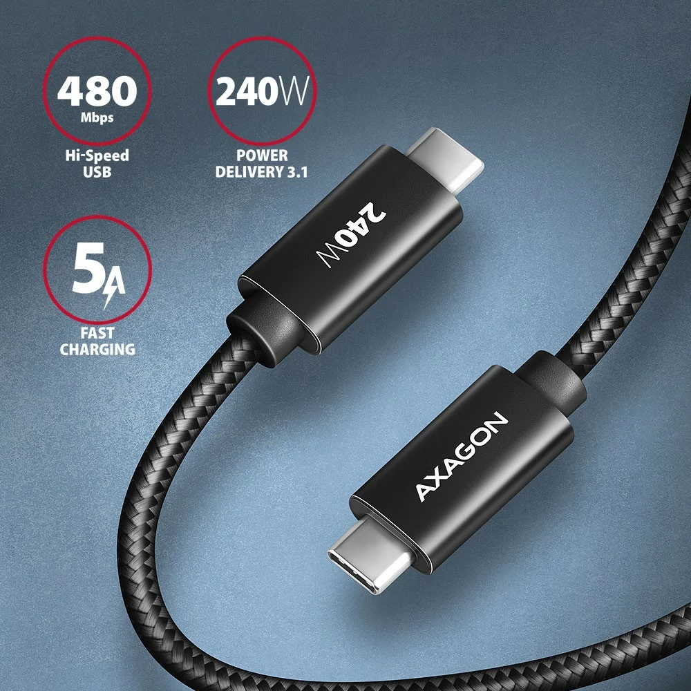 Kabel USB-C na USB-C, 3 m, 240 W, črn AXAGON BUCM2-CM30AB Kabel USB-C na USB-C, 3 m, 240 W, črn AXAGON BUCM2-CM30AB