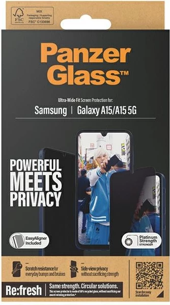 Zaščita zaslona Ultra-Wide Fit Privacy PanzerGlass za Samsung Galaxy A15/A15 5G, kaljeno steklo