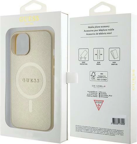Ovitek Saffiano MagSafe za iPhone 15 Plus 6,7", Guess GUHMP15MPSAHMCB, zlata