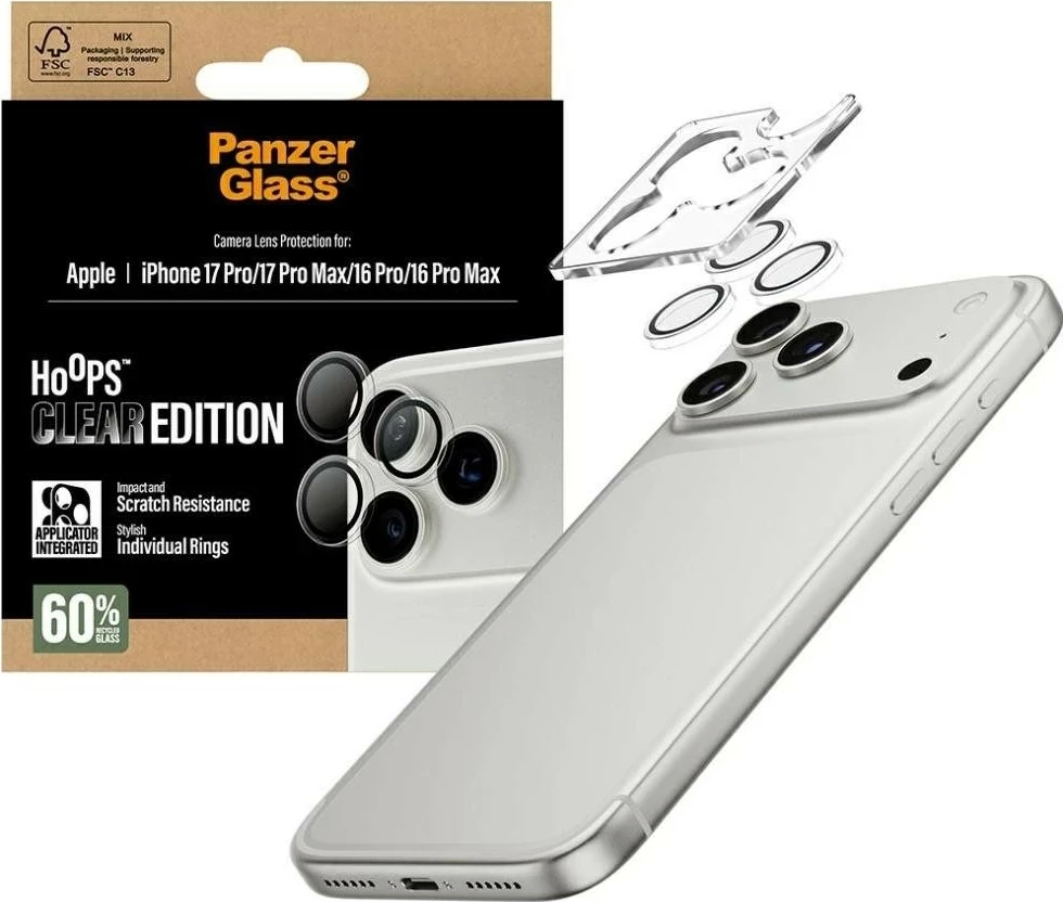 Stekleni zaščitni ovitek za kamero PanzerGlass za iPhone 16 Pro/16 Pro Max/17 Pro/17 Pro Max, prozoren