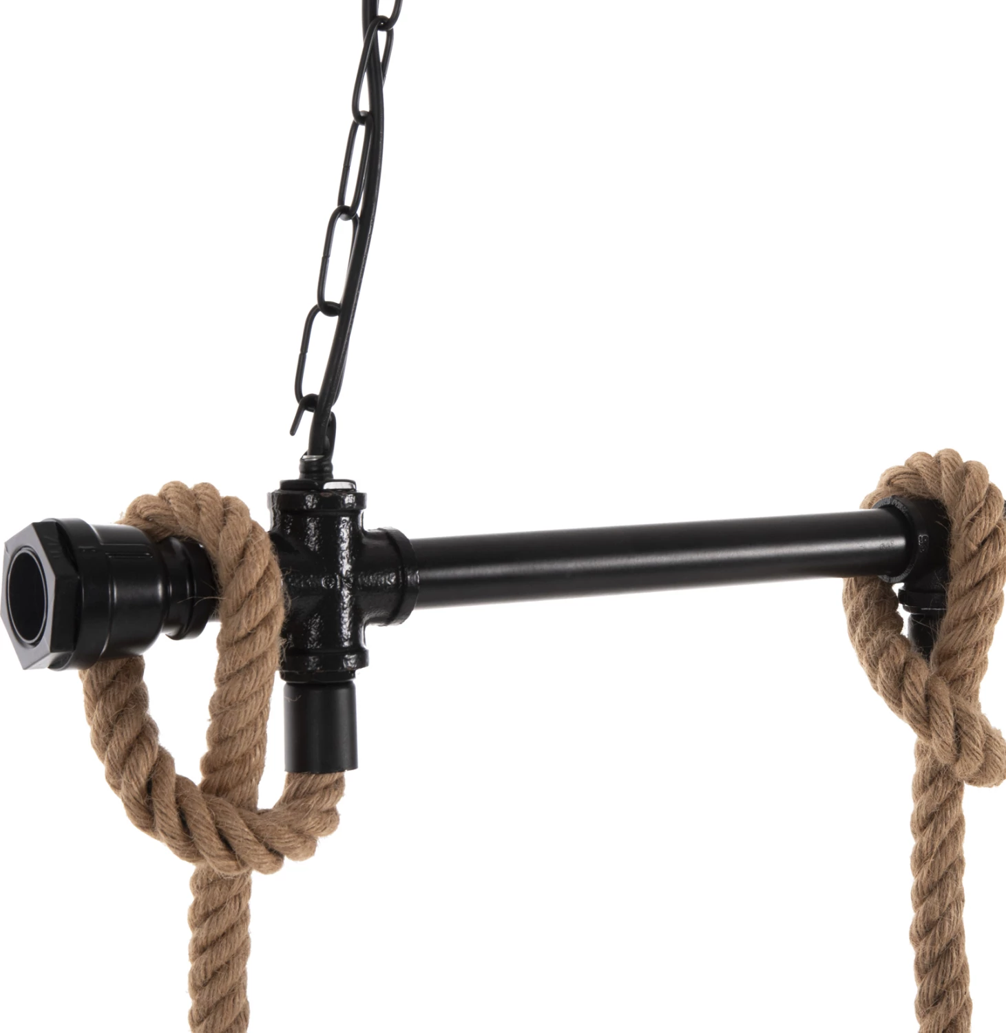 Stropna viseča svetilka s 3 lučmi FH4180 črna kovina-naravna konopljina vrv 80x14,5x137H cm