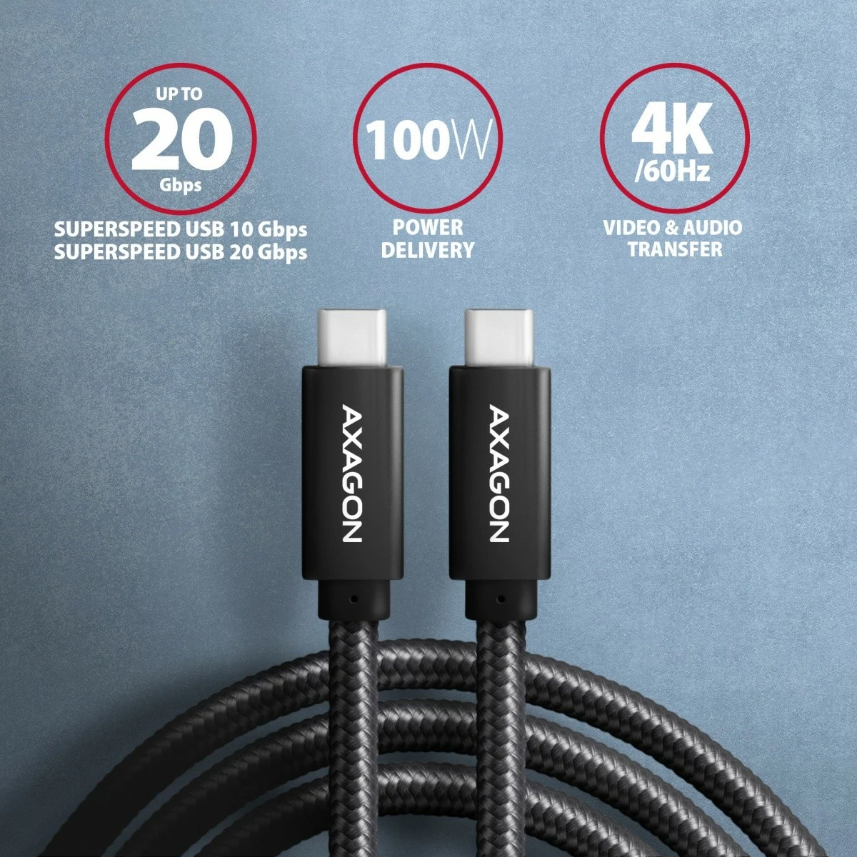 Premium USB-C kabel AXAGON BUCM32-CM20AB, 2 m, 100 W, 5 A, 4K, črn Premium USB-C kabel AXAGON BUCM32-CM20AB, 2 m, 100 W, 5 A, 4K, črn