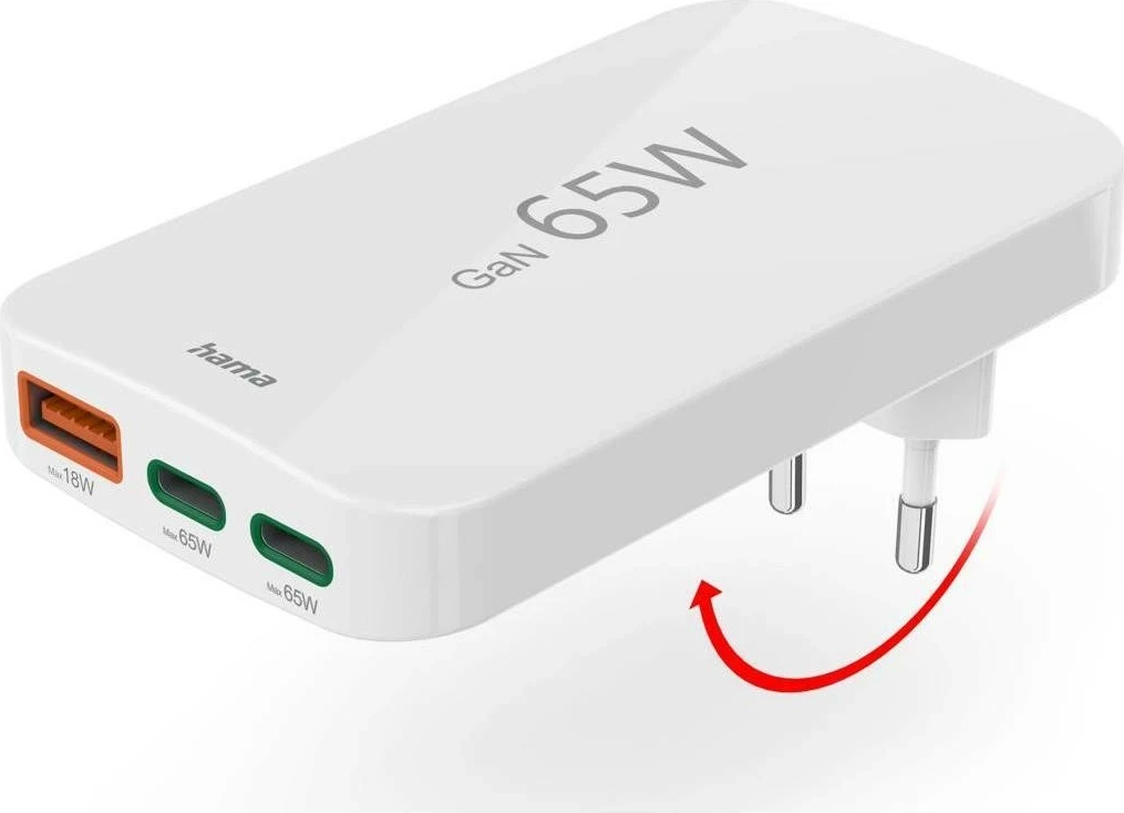 65W GaN polnilec Hama, 2× USB-C, 1× USB-A, bel