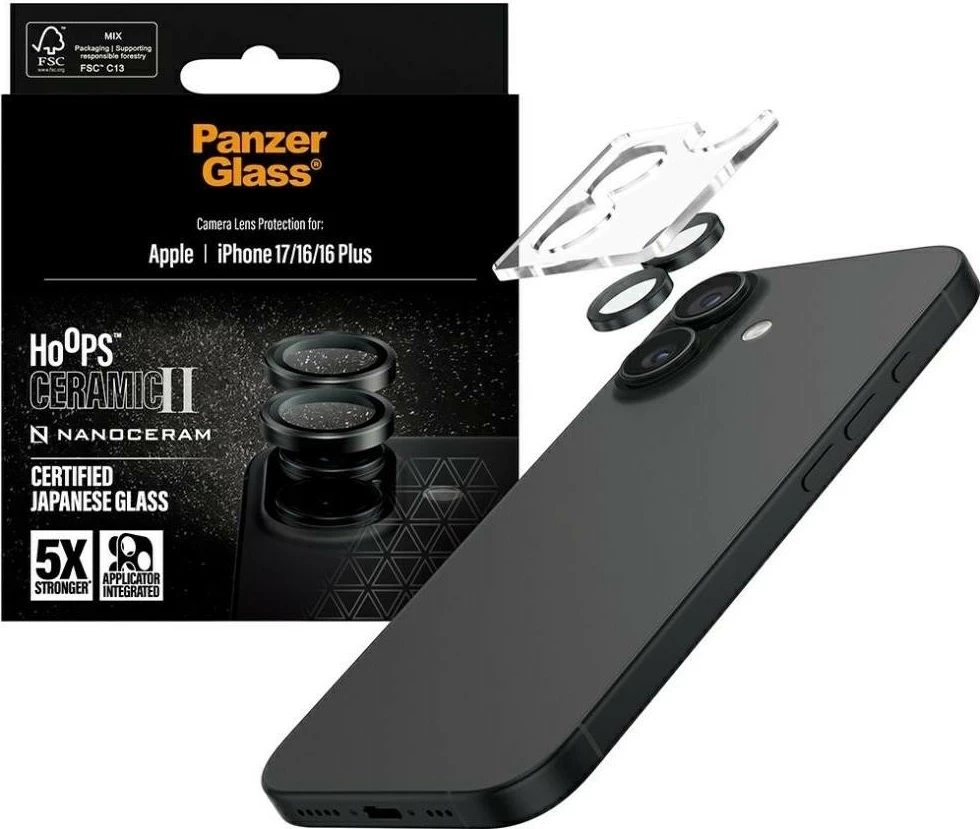 Zaščita kamere PanzerGlass Hoops Ceramic II, iPhone 17/16/16 Plus, črna