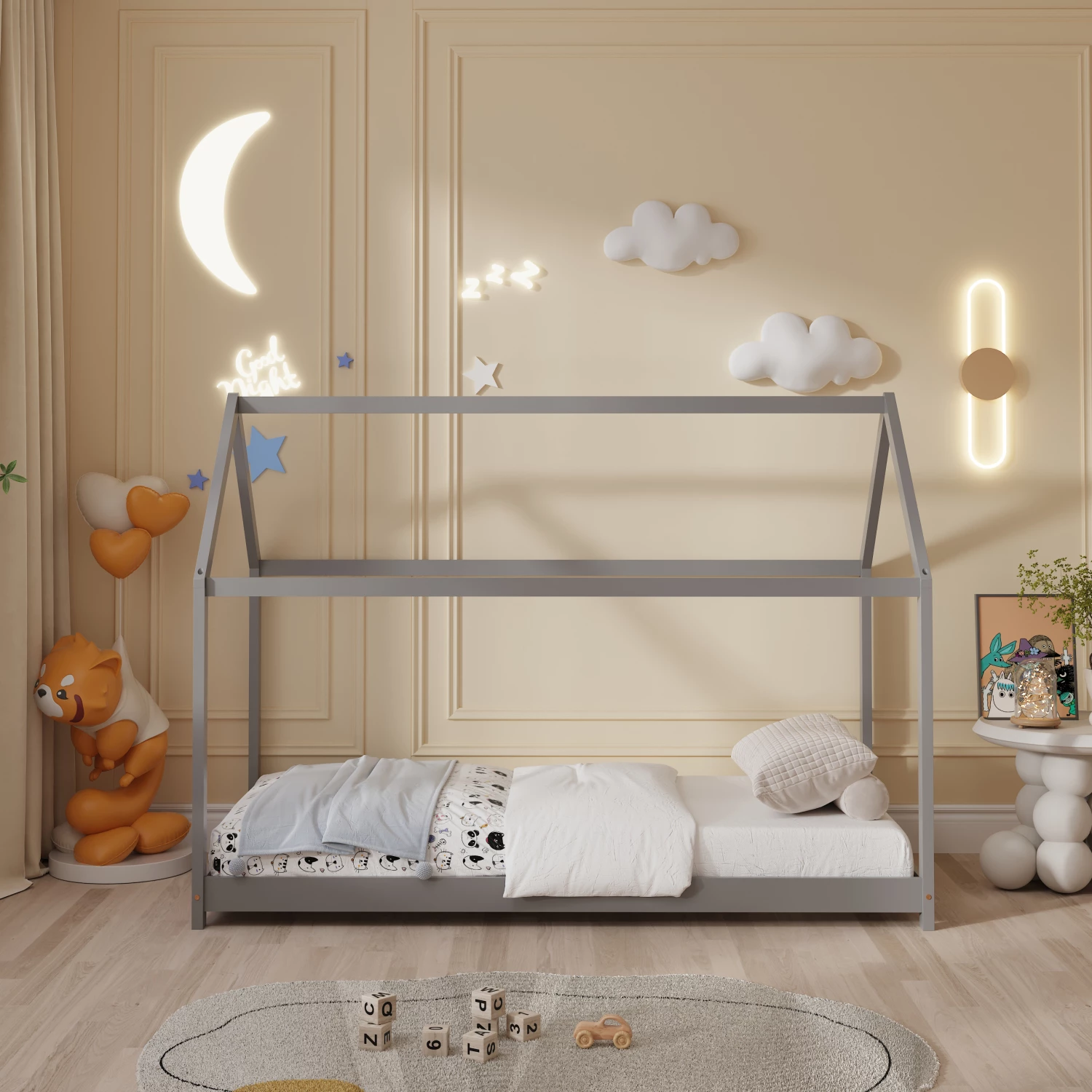 Postelja za otroke PEPE FH678.05 t.MONTESSORI iz masivnega borovega lesa v sivi barvi - 140x70cm