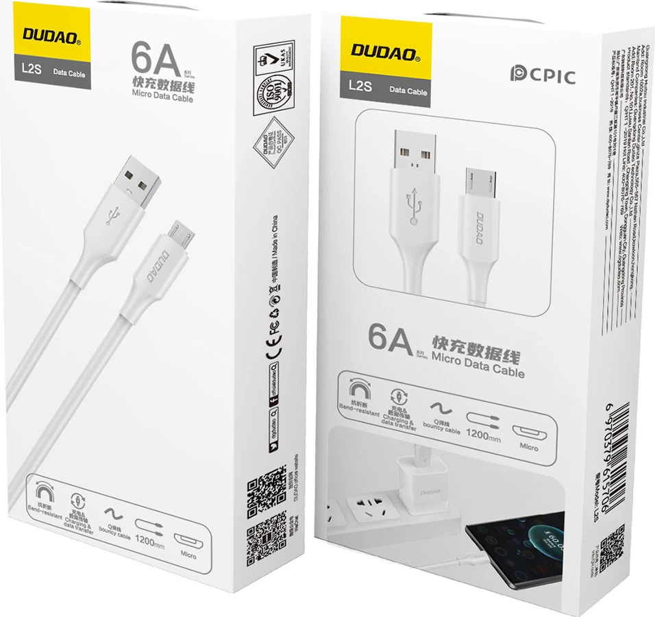 Kabel za hitro polnjenje in prenos podatkov Dudao L2SM USB-A v micro USB, 1,2 m, 6A, bel