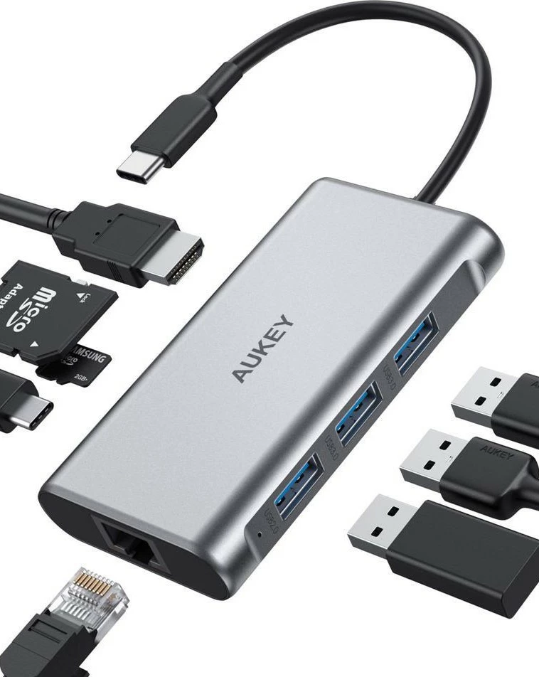 USB-C hub AUKEY CB-C91, 8-v-1, USB-C, HDMI 4K, RJ45, 3x USB 3.1, SD/microSD, Power Delivery 100 W, aluminij, srebrn