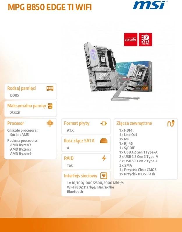 Matična plošča MSI MPG B850 EDGE TI WIFI, Socket AM5, ATX, DDR5, Wi‑Fi 7, srebrna