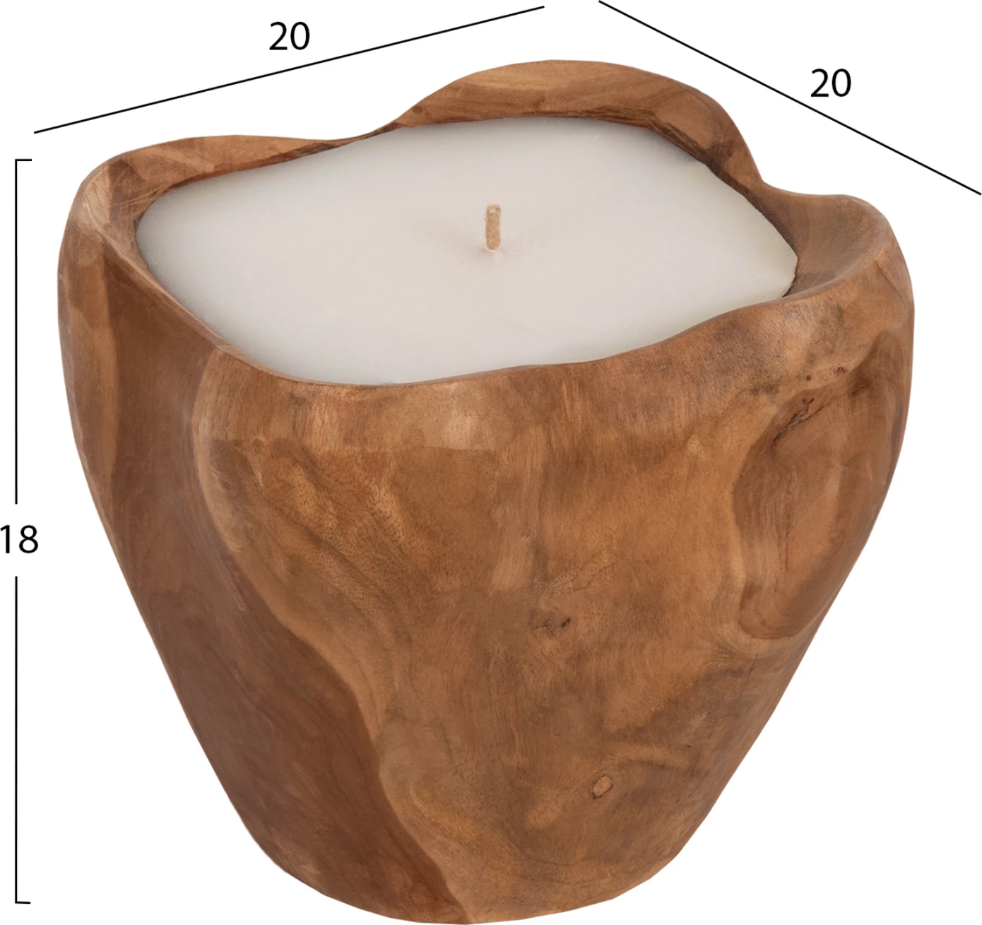 Mizna sveča FH9625 iz korenine tika napolnjena s parafinskim voskom - naravna in bela 20x20x18Hcm