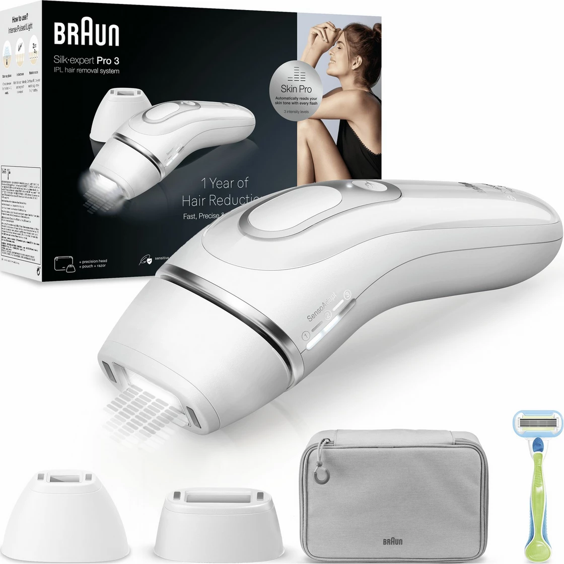 IPL odstranjevalec dlak, Braun Silk-expert Pro 3 PL3122 / 238410, senzor kože za samodejno prilagajanje intenzivnosti, za domačo uporabo, bel, komplet z 2 glavama + britvica + torbica