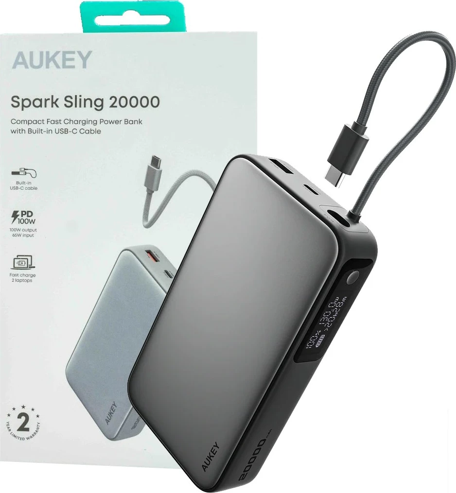 Power bank 20000 mAh, 130W, 4x USB, USB-C kabel, LED, siv - AUKEY PB-Y48 Spark Sling