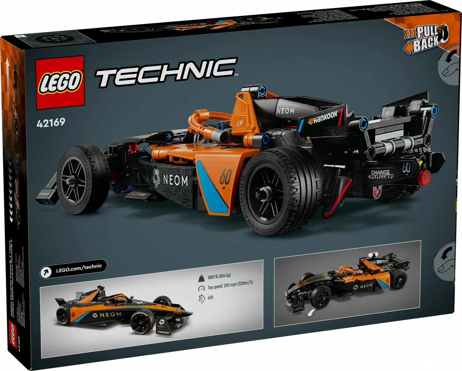 Dirkalnik NEOM McLaren Formula E, LEGO Technic 42169, 452 kosov, pull-back, za otroke 9+, oranžno/črn