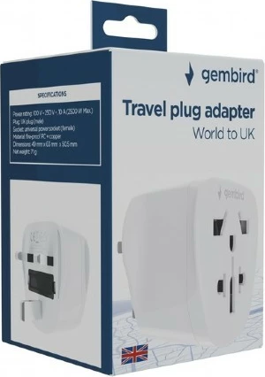 Potovalni napajalni adapter World → UK, 10A, ozemljena vtičnica tip G, bela, Gembird A-AC-UKMINTF