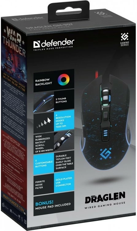 Gaming miš Defender DRAGLEN GM-907, 7200 DPI, z žico, RGB, črn, z podlogo za miš