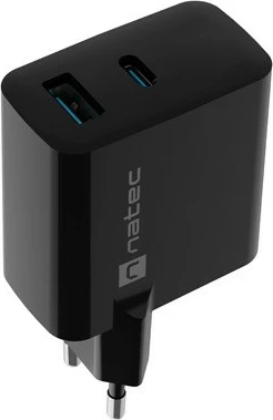 Stenski polnilec Natec Ribera GAN, 45W, 1x USB-A + 1x USB-C, črn
