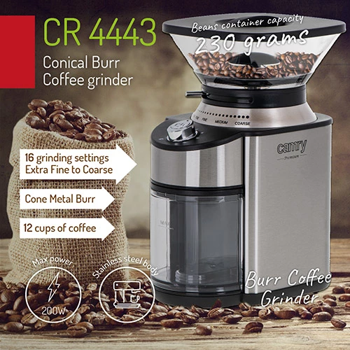 Mlinček za kavo s koničnim brusnim mehanizmom, Camry CR 4443, 200 W, 16 stopenj mletja, posoda 230 g, nerjaveče jeklo, srebrno/črn