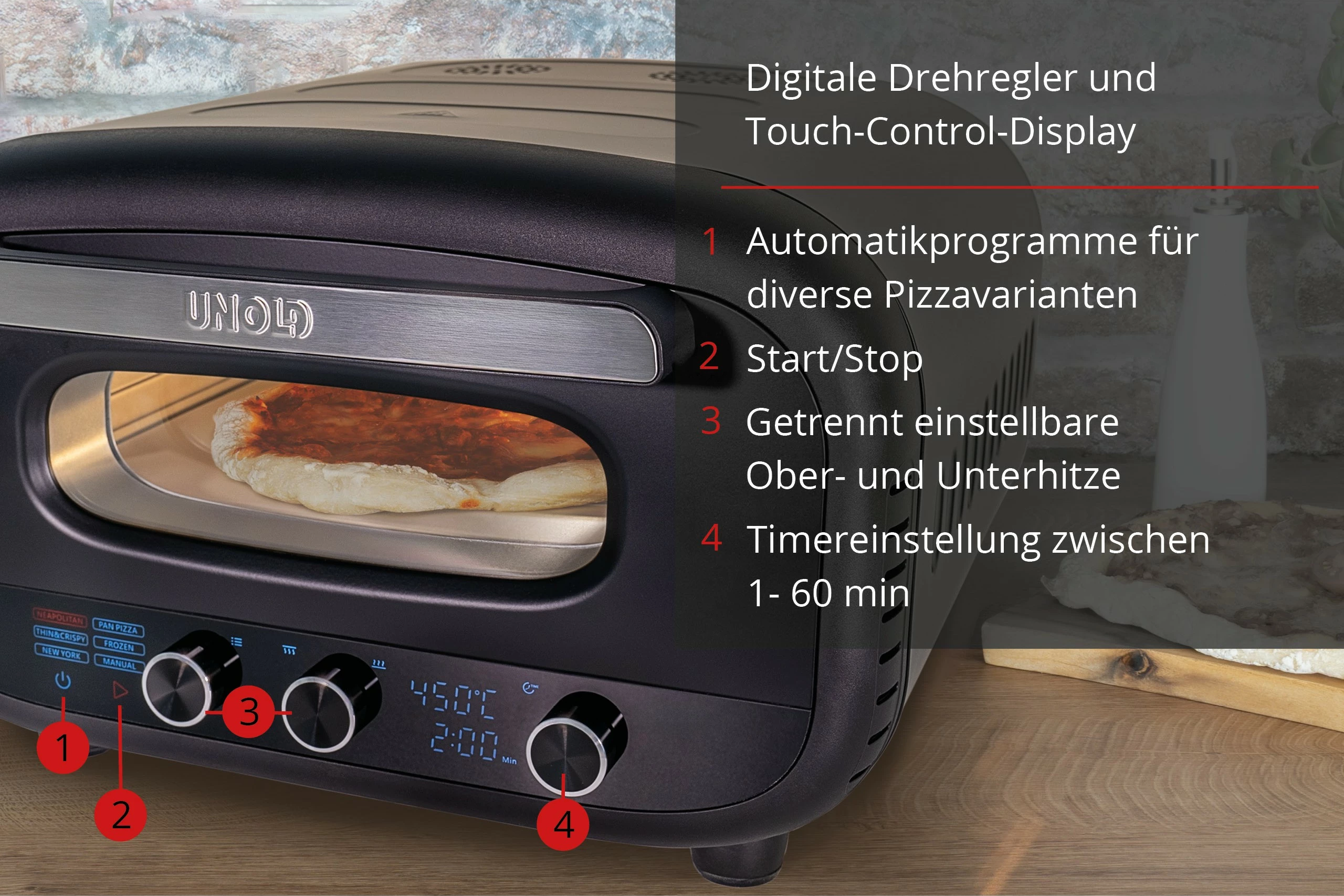 Pizza pečica, Unold 68805, 1 pica, 30 cm, digitalna, 450 °C, črna